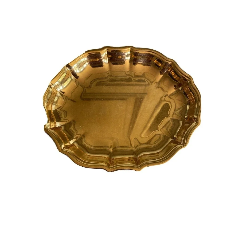 Vintage Gold Scalloped Oval Vanity Tray Decorative Metal Jewelry Trinket Dish